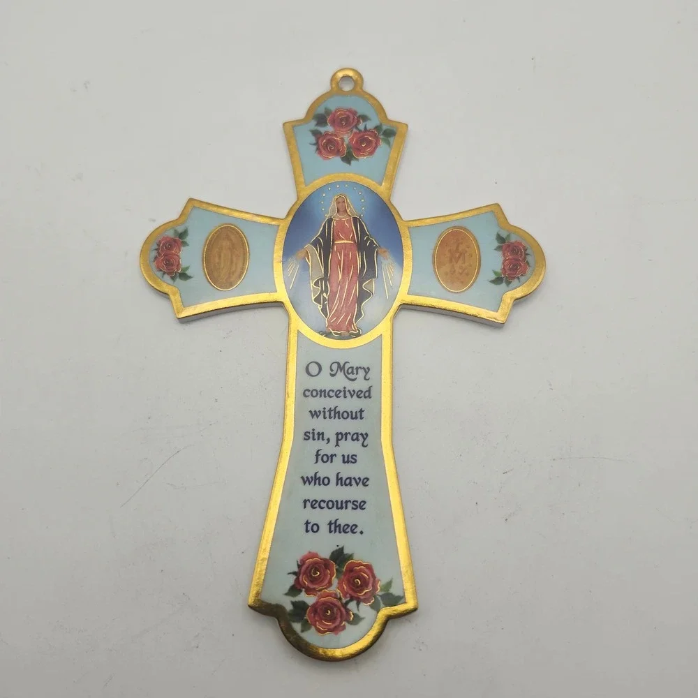 Our Lady Miraculous Medal Catholic Virgin Mary Roses Prayer Wall Cross Decor